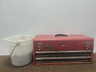 (1) 22&rdquo;x10&rdquo; Tool box (1) Bucket of Nails