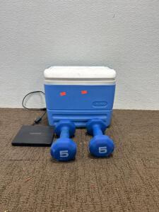 (1) 11&rdquo;x9&rdquo; IGLOO cooler. (2) 5 Pound weights and more