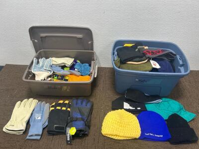 (1) Tote of Gloves (1) Tote of beanies and hats