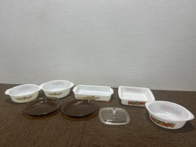 (5) Fire King rooster Casserole Dishes. (2) Pyrex Amber Pie Dishes and more