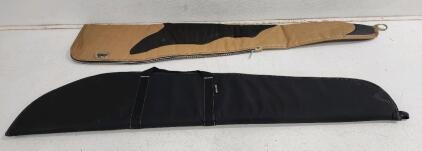 (2) Cabelas Folding Camping Chairs W/ Side Tray (1) Vintage Faux Leather Rifle Case (1) Black Soft Rifle Carrying Case