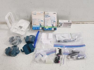 (2) Home Brite Smart LED Bulbs (4) Wall Mount Cellphone Holders (1) Mobile Phone Telescope And More