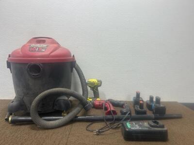 (1) Shop.Vac 10 Gallon Vacuum with two attachments. (4) Tool Batteries With charger. And more