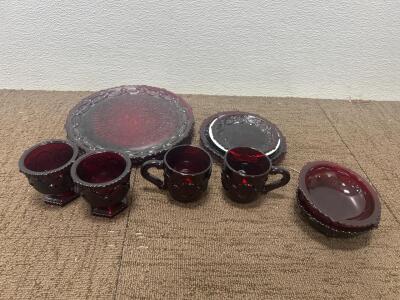 (11) Ruby Red Glass Plates and cups