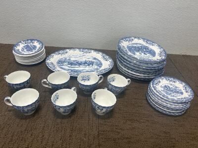 (32) Johnson Bros Coaching Scene Glass Plates and Tea cups.