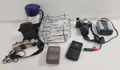 (1) Cobra DC To AC Converter (1) Pentax ZX-30 SLR Film Camera (1) Vivitar Quartz Date Point And Shoot Camera And More