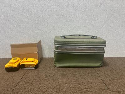 (1) green leather samsonite sewing box with tools (2) Rhovi Star Lithium Battery