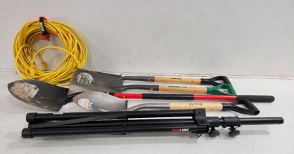 (4) Shovels (1) Heavy Duty Yellow Extension Cord W/ Cuff (1) Proline Speaker Stand