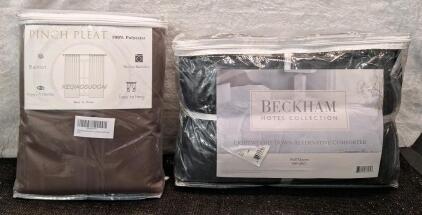 (1) Pair Of Pinch Pleat Blackout Shades, Brown, 80"W x 108"L & (1) Beckham Lightweight Down Alternative Comforter, Black, Full / Queen