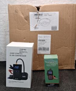 (1) 4-Gallon Drain Pan, (1) Portable Jump Starter / Air Compressor & (1) Battery Analyzer