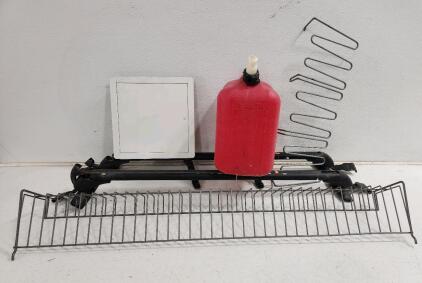 (1) Vintage Metal Universal Access Panel (1) 5 Gallon Red Gasoline Can (2) Car Roof Bike Racks And Assorted Racks