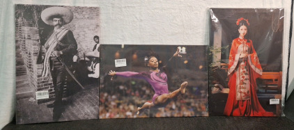 (3) Single Panel Canvas Wall Art Prints, (1) Emiliano Zapata Portrait / 1910-1920 Mexican Revolution, 24"T x 16"W, (1) Simone Biles Landscape, 16"T x 24"W & (1) Retro Chinese Princess Portrait, 24"T x 16"W
