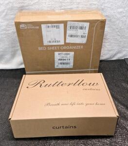 (1) Pair Of Rutterllow Blackout Shades, Dark Grey, 8' x 7.5' & (1) Zen Storage 8-Piece Bed Sheet Organizer