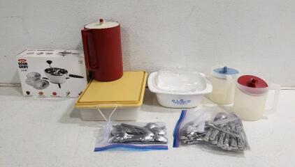(1) OXO Good Grips Food Mill (1) Corningware Blue Cornflower Casserole (1) Vintage Tupperware Cake Carrier And More