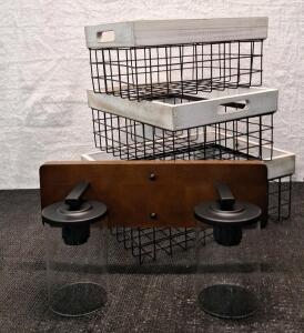 (1) Wood & Matte Black 2-Light Vanity Fixture & (1) 3-Piece Metal & Wood Basket Set