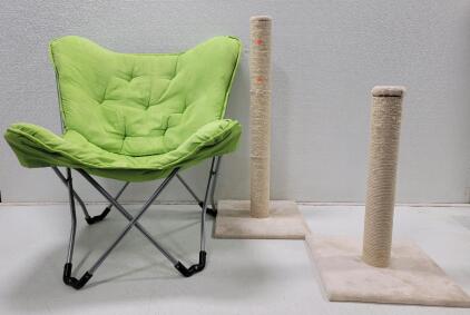 (1) Folding Green Butterfly Chair (4) IKEA Chair Cushions (4) Throw Pillows (1) Crochet Blanket (2) Cat Scratching Posts, 2ft & 3ft