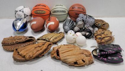 (7) Baseball Gloves, (3) Basketballs (1) Soccer Ball (3) Football (1) Nerf Football (1) Bag of Assorted Balls