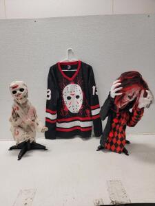 (1) Friday The 13th Jason Voorhees Hockey Jersey Men&rsquo;s Size XL Black and Red W/ Blood (1) Motion Activated Halloween Clown Animatronic Decor (1) Motion Activated Animatronic Mummy Halloween Decor