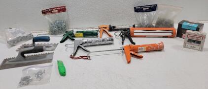 (5) Caulking Guns (2) 5lb. Bags Flooring Nails (1) 1lb. 3" Plastic Round Cap Roofing Nails (2) Trowels and more