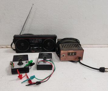 (2) Micronta Dynamic Transistor Checker (1) vintage Radio Shack Micronta Regulated 12 Volt Power Supply (1) Vintage Magnavox Spatial Stereo D-1670 Boombox