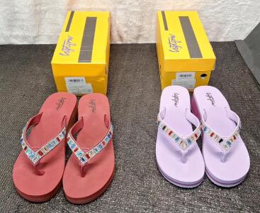 (2) Pair Of Women's Wedge Sandals, (1) Wine, Size-10, (1) Light Purple, Size-9