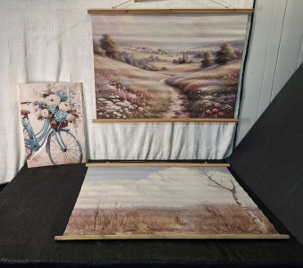 (3) Canvas Wall Art Prints, (1) Single Panel, Retro Vintage Bike, 24"T x 16"W & (2) Single Hanging Panels, Retro Vintage Landscape Style, Each Panel Is 30"T x 40"W
