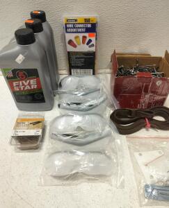 Five Star 5W-30 Full Synthetic Motor Oil, wire connectors, safety goggles, panel nails