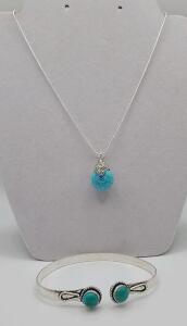 (1) Tibetan Silver (.925) Wrapped Turquoise Ball Necklace (1) Turquoise Cuff Bracelet