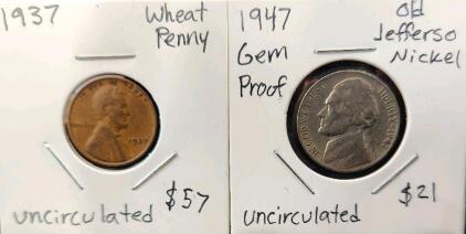 (1) 1937 Wheat Penny (1) 1947 Jefferson Nickle