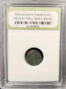 (1) Ancient Roman Empire Widows Mite Sized Bronze Coin Circa 50B.C. - 400 A.D