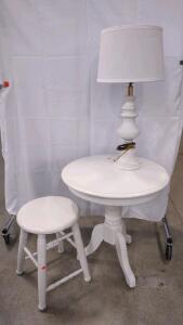 (1) 2'x 2'x 26" (White) Round End Table, (1) 13&frac12;"x 13&frac12;"x 18&frac12;" (White) Round Wooden Stool, & (1) (White/Gold) Table Lamp w/Shade