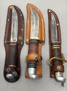 (3) Knives Including Western USA Fixed Blade Hunting Knife, Leather Handle & Sheath
