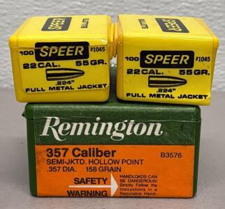 (100) Remington .357 Caliber 158 Grain Hollow Point & (200) Speer .22 Caliber 55 Grain FMJ For Reloading