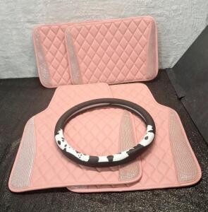 (1) 4-Piece Beiqitong Car Floor Mat Set, Pink Checkered Vinal & Silver Rhinestones & (1) Beiqitong Steering Wheel Cover, Black & White Cow Print