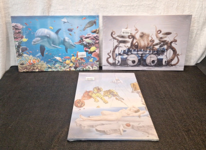 (3) 16" x 24" Canvas Wall Art Prints, (1) Dolphin / Ocean Themed, (1) Drumming Octopus & (1) Salvador Dali Reproduction