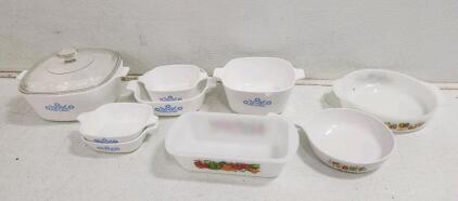 (1) Vintage Glasbake J522 Loaf Baking Pan Dish (1) Vintage Anchor Hocking Fire-King Casserole Dish (1) CorningWare Spice of Life Le Persil Saucepan And More