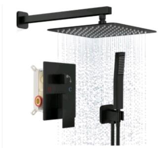 (1) FPXTNG - Rainfall Shower System W/ Square Shower Head & Handle Set, Wall Mounted Shower Fixtures, Full Metal Trim Kit, 12" Showerhead, Matte Black Finish, W/Shower Valve