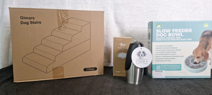 (1) Gimars - 5-Step Dog Stairs, (1) Slow Feeder Dog Bowl & (1) 750ml Stainless Steel Pet Travel Water Mug