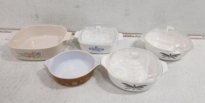 (2) Vintage Anchor Hocking Fire King Casserole Dishes (1) Vintage Pyrex Casserole Dish And More
