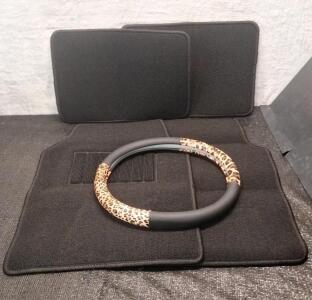 (1) 4-Piece Beiqitong Car Floor Mat Set, Black Carpet & (1) Beiqitong Steering Wheel Cover, Black & Brown Leopard Print