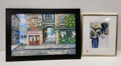 (1) Vibrant Cafe Building Oil Painting by K. Wallis (1) A New Day Blooms by Angela Maritz