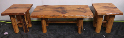 (1) 4'x 22"x 19" Wooden Pine Log Coffee Table & (2) Matching 18"x 21"x 21&frac12;" Wooden Pine Log End Tables