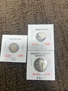 (1) 1902 Rare Silver Barber Dime (1) 1901 Barber dime (1) 1927 Rare silver Standing Liberty Quarter.