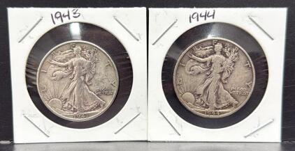 1943 & 1944 Walking Liberty Half Dollars, 90% Silver, No Mint Mark