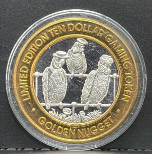 Casino Themed Solid 1-OZ .999 Fine Silver Golden Nugget Millennium 2000 Ten Dollar Gaming Token, Silver Center, Laughlin NV