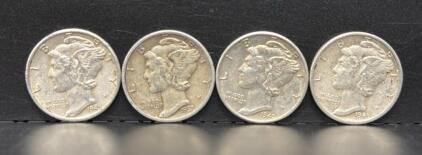 Mercury Dimes, 1937, 1943, 1944, 1945, 90% Silver, U.S. Mint