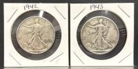 1942 & 1943 Walking Liberty Half Dollars, 90% Silver, 1.205 in Diameter