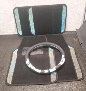 (1) 4-Piece Beiqitong Car Floor Mat Set, Black Carpet W/ Multi-Colored Rhinestones & (1) Beiqitong Steering Wheel Cover, Black & White Cow Print