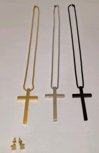 (1) 3-Piece Cross Necklace Set, (1) Pair Of Bunny Earrings & (1) Box Of Assorted Amazon Overstock