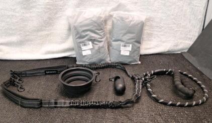 (1) 2-Dog Leash & (2) Dog Coats, Size Medium, Grey Corduroy W/Fleece Lining